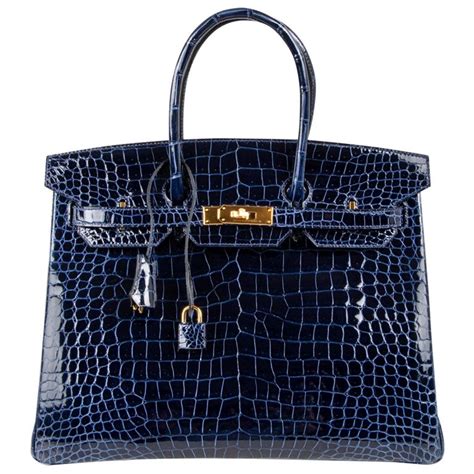 Hermes Birkin 35 Bag Blue Sapphire Porosus Crocodile Gold